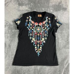 Driftwood Classic Fit Embroidered Tee Size XS Black Short Sleeve Bohemian